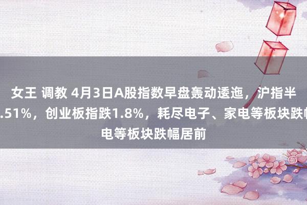 女王 调教 4月3日A股指数早盘轰动逶迤，沪指半日跌0.51%，创业板指跌1.8%，耗尽电子、家电等板块跌幅居前